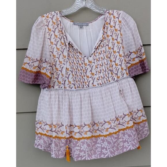 Daniel Rainn Cottage Boho Peasant Tassel Top Blouse Rayon Size S Pleated Floral - Picture 10 of 11